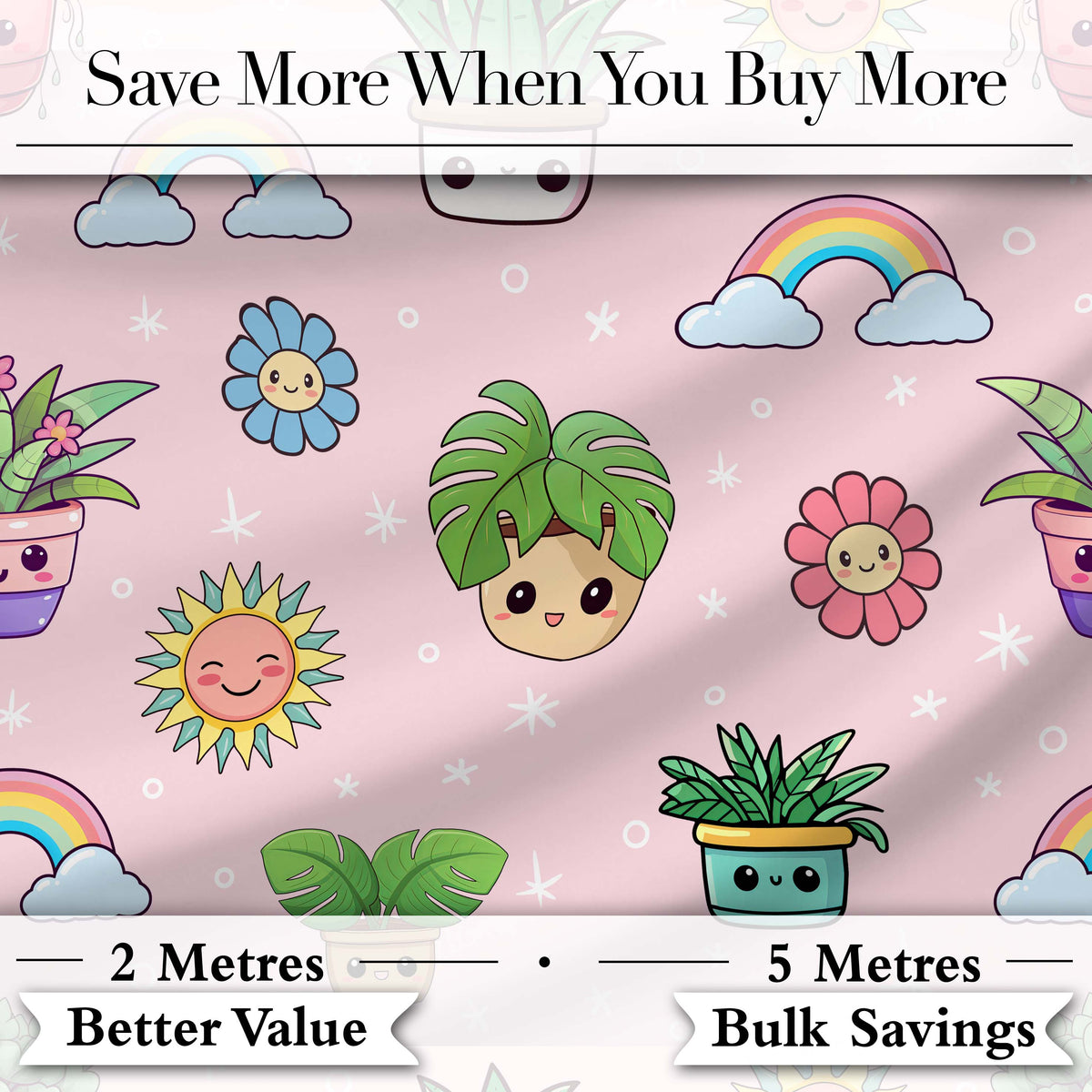 Cute Kawaii Tropical Plants Rainbow Sun Soft Pink Background Seamless Pattern Digital Print Fabric by the Metre UK Sewing Quilting Textile