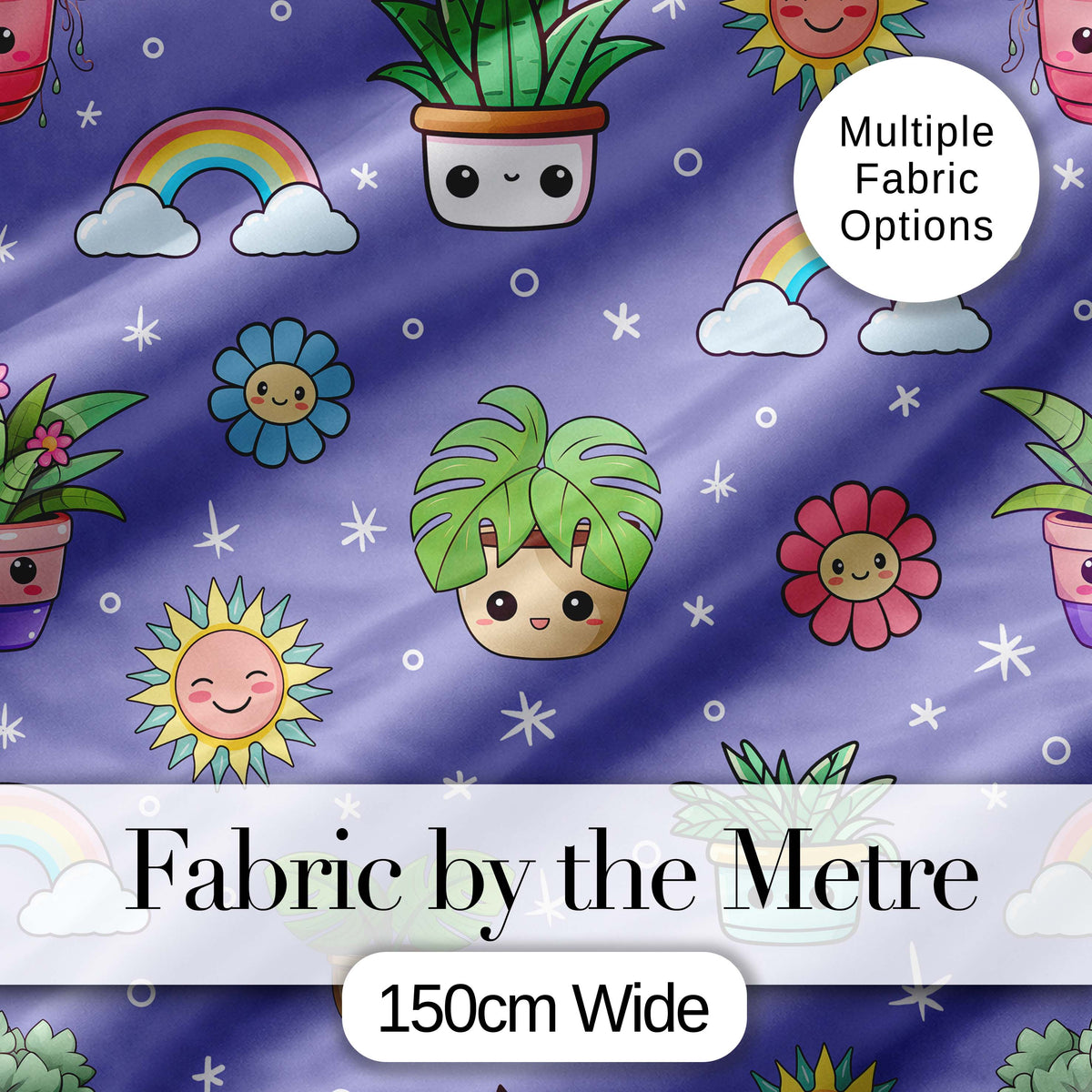 Cute Kawaii Tropical Plants Rainbow Sun Purple Background Seamless Pattern Digital Print Fabric by the Metre UK Sewing Quilting Textile