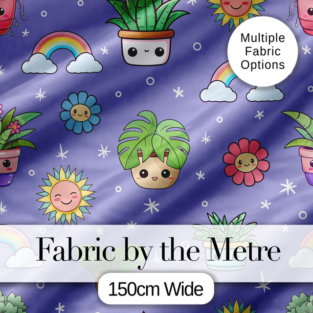 Cute Kawaii Tropical Plants Rainbow Sun Purple Background Seamless Pattern Digital Print Fabric by the Metre UK Sewing Quilting Textile