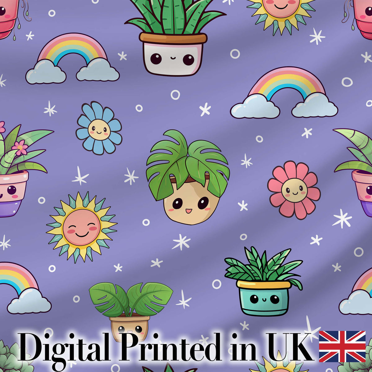 Cute Kawaii Tropical Plants Rainbow Sun Purple Background Seamless Pattern Digital Print Fabric by the Metre UK Sewing Quilting Textile