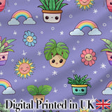 Cute Kawaii Tropical Plants Rainbow Sun Purple Background Seamless Pattern Digital Print Fabric by the Metre UK Sewing Quilting Textile