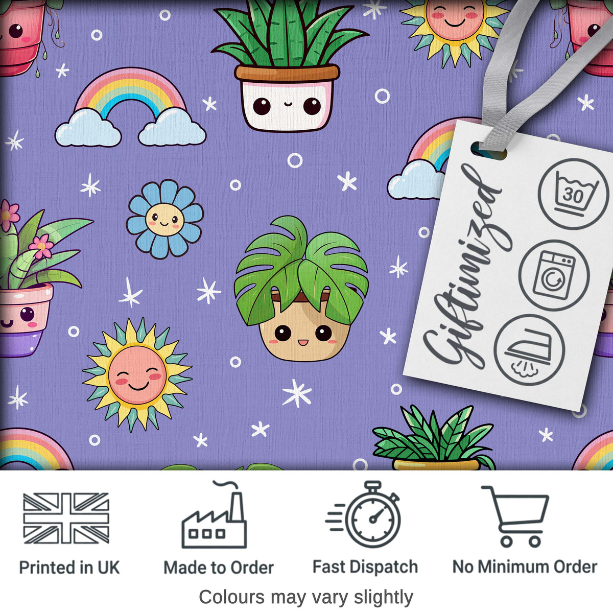 Cute Kawaii Tropical Plants Rainbow Sun Purple Background Seamless Pattern Digital Print Fabric by the Metre UK Sewing Quilting Textile