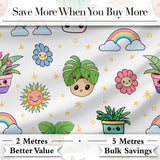 Cute Kawaii Tropical Plants Rainbow Sun Grey Background Seamless Pattern Digital Print Fabric by the Metre UK Sewing Quilting Textile