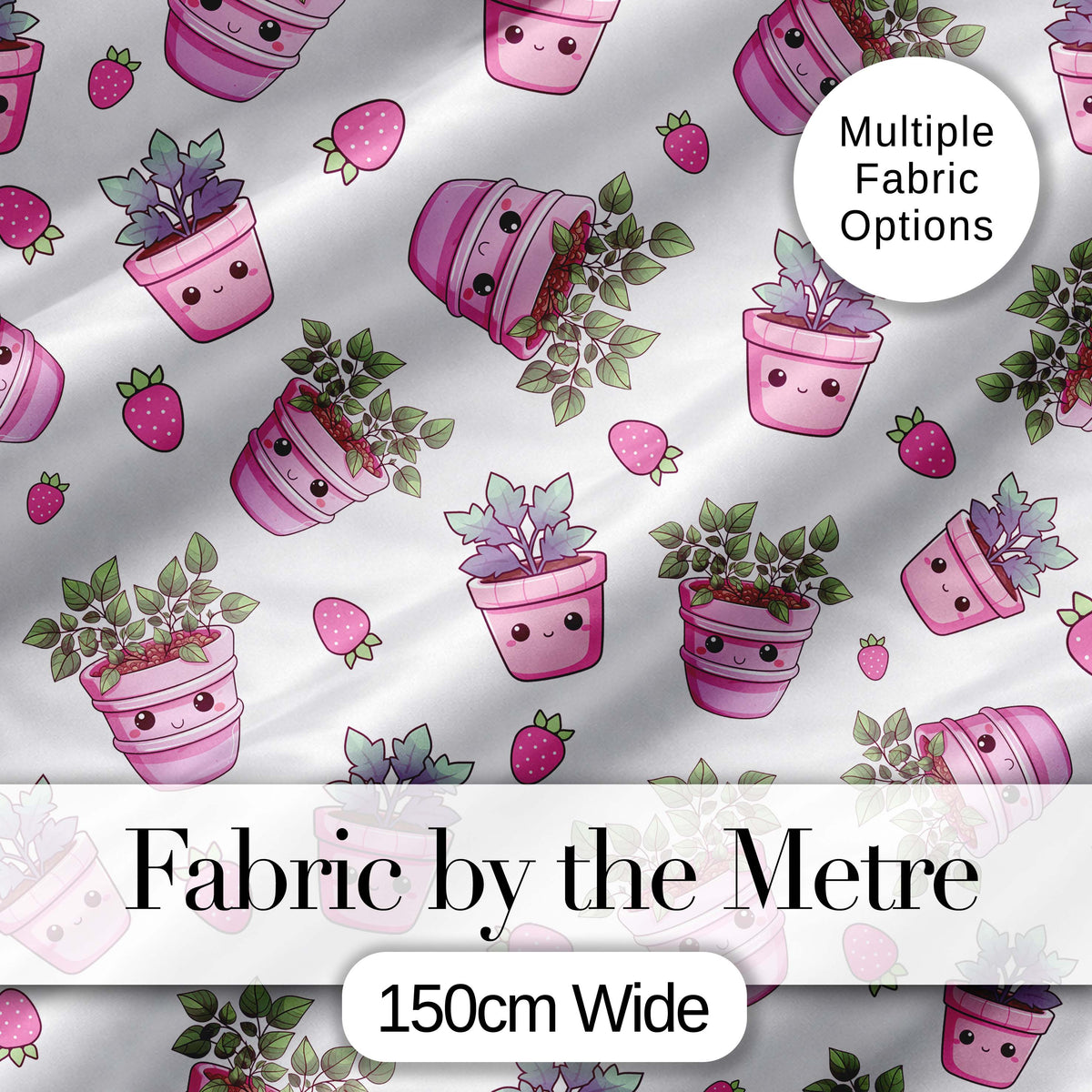 Cute Kawaii Pink Plant Pots Strawberries Seamless Pattern Digital Print Fabric by the Metre UK Sewing Quilting Textile