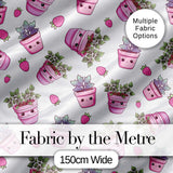 Cute Kawaii Pink Plant Pots Strawberries Seamless Pattern Digital Print Fabric by the Metre UK Sewing Quilting Textile