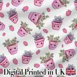 Cute Kawaii Pink Plant Pots Strawberries Seamless Pattern Digital Print Fabric by the Metre UK Sewing Quilting Textile