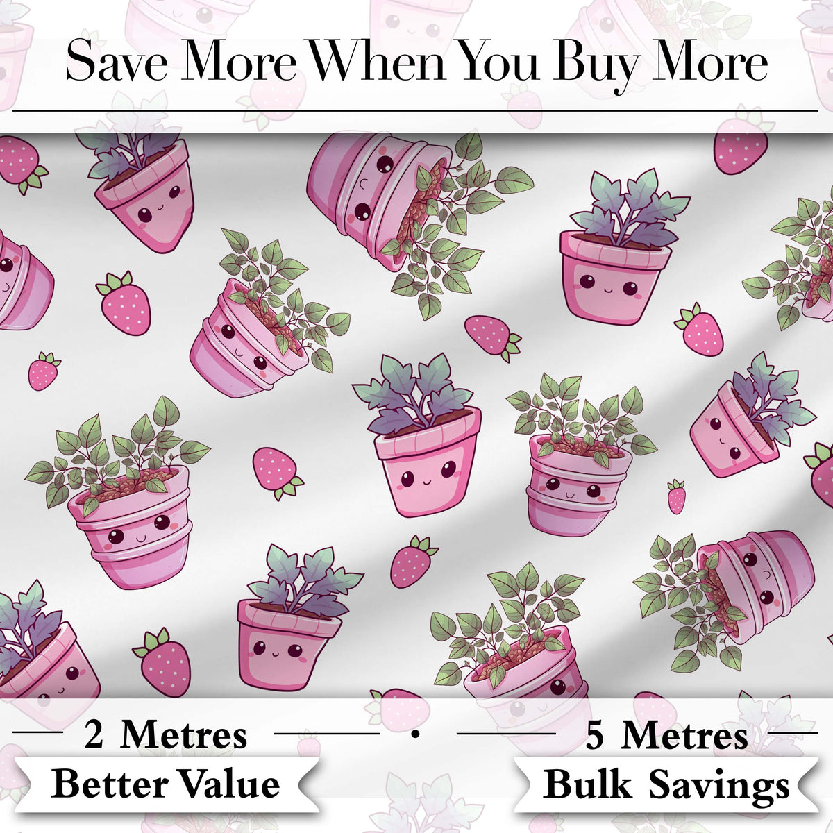 Cute Kawaii Pink Plant Pots Strawberries Seamless Pattern Digital Print Fabric by the Metre UK Sewing Quilting Textile