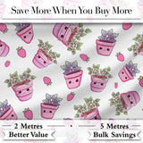 Cute Kawaii Pink Plant Pots Strawberries Seamless Pattern Digital Print Fabric by the Metre UK Sewing Quilting Textile