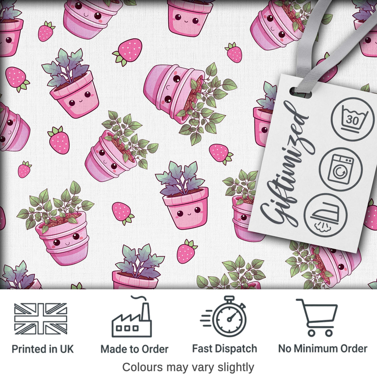 Cute Kawaii Pink Plant Pots Strawberries Seamless Pattern Digital Print Fabric by the Metre UK Sewing Quilting Textile