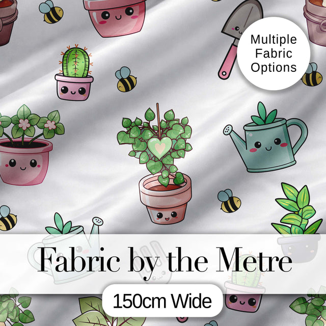 Cute Kawaii Garden Tools Plants Bees Seamless Pattern Digital Print Fabric by the Metre UK Sewing Quilting Textile