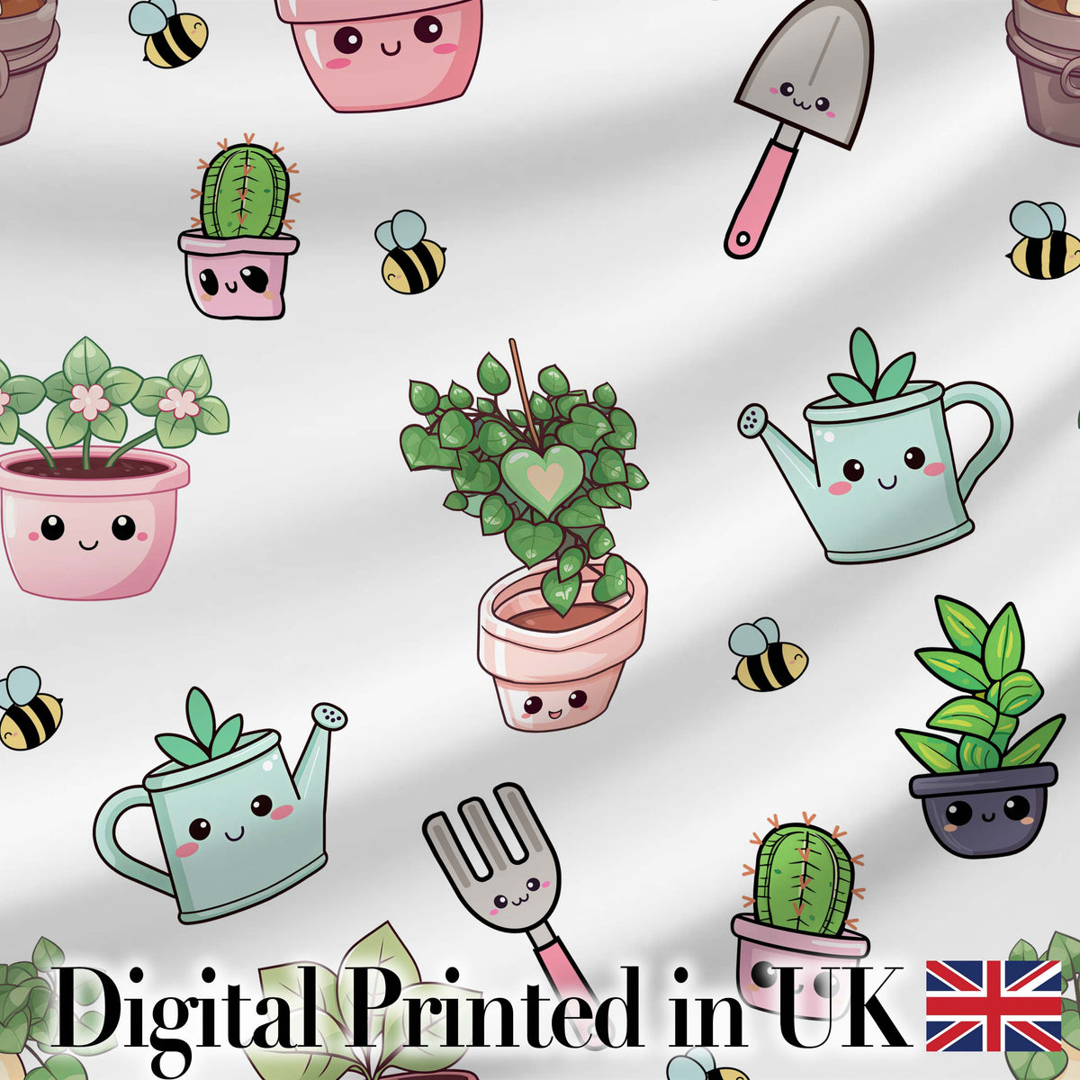 Cute Kawaii Garden Tools Plants Bees Seamless Pattern Digital Print Fabric by the Metre UK Sewing Quilting Textile