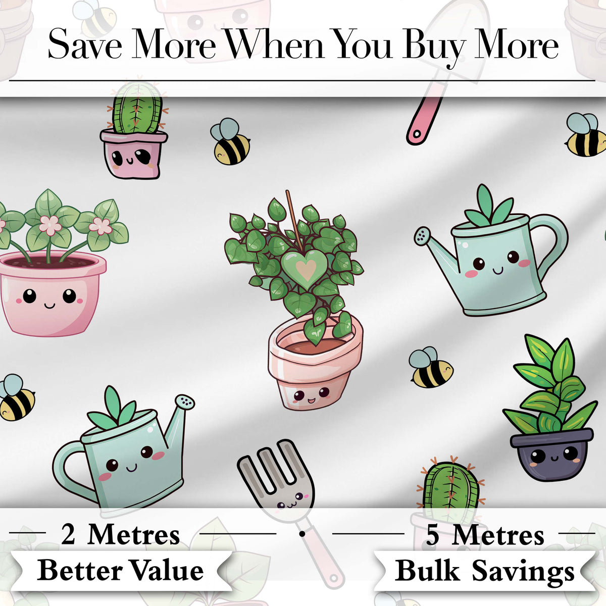 Cute Kawaii Garden Tools Plants Bees Seamless Pattern Digital Print Fabric by the Metre UK Sewing Quilting Textile