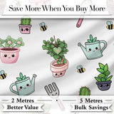 Cute Kawaii Garden Tools Plants Bees Seamless Pattern Digital Print Fabric by the Metre UK Sewing Quilting Textile