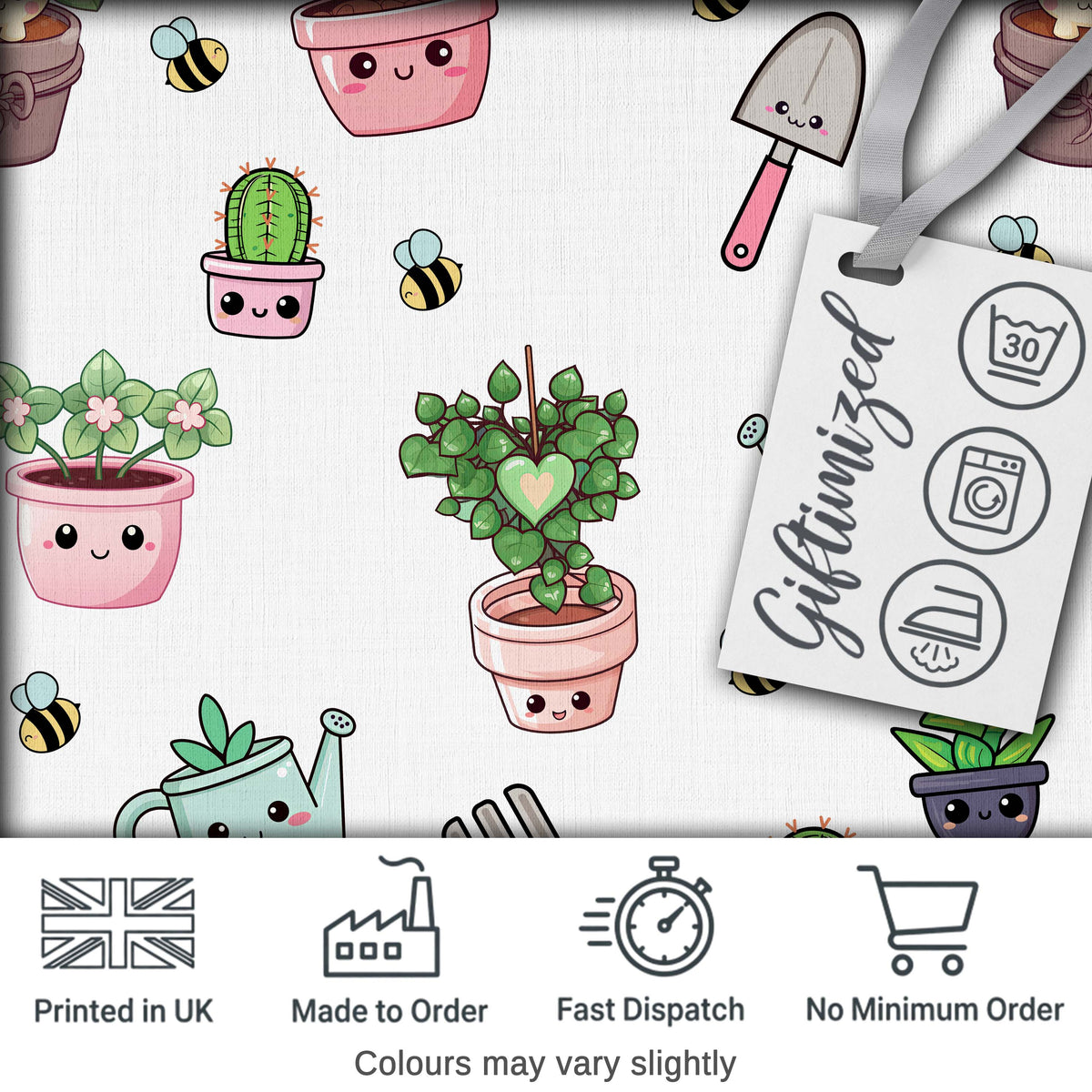 Cute Kawaii Garden Tools Plants Bees Seamless Pattern Digital Print Fabric by the Metre UK Sewing Quilting Textile