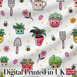 Cute Kawaii Garden Tools Plants Bees Yellow Stars Seamless Pattern Digital Print Fabric by the Metre UK Sewing Quilting Textile