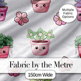 Cute Kawaii Pink Flower Pot Smiling Face Floral Seamless Pattern Digital Print Fabric by the Metre UK Sewing Quilting Textile