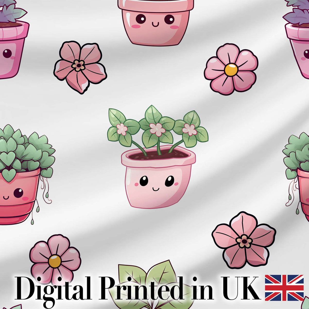Cute Kawaii Pink Flower Pot Smiling Face Floral Seamless Pattern Digital Print Fabric by the Metre UK Sewing Quilting Textile