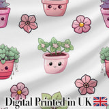 Cute Kawaii Pink Flower Pot Smiling Face Floral Seamless Pattern Digital Print Fabric by the Metre UK Sewing Quilting Textile