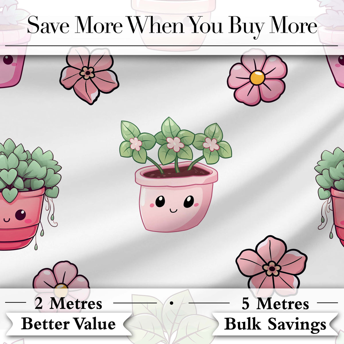 Cute Kawaii Pink Flower Pot Smiling Face Floral Seamless Pattern Digital Print Fabric by the Metre UK Sewing Quilting Textile