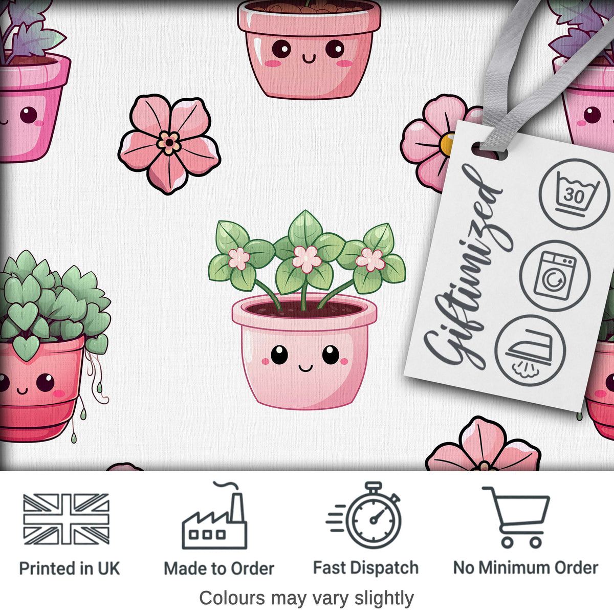 Cute Kawaii Pink Flower Pot Smiling Face Floral Seamless Pattern Digital Print Fabric by the Metre UK Sewing Quilting Textile