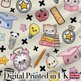 Cute Kawaii School Supplies Cat Books Apple Seamless Pattern Digital Print Fabric by the Metre UK Sewing Quilting Textile