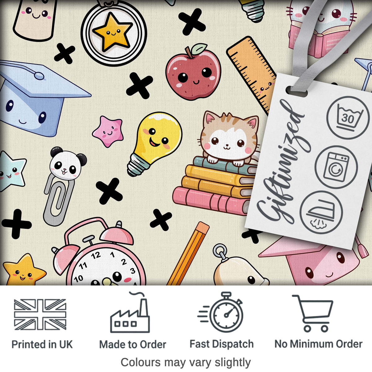 Cute Kawaii School Supplies Cat Books Apple Seamless Pattern Digital Print Fabric by the Metre UK Sewing Quilting Textile