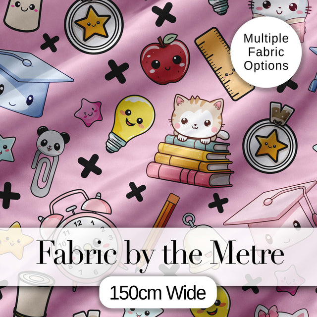 Cute Kawaii School Supplies Pink Background Seamless Pattern Digital Print Fabric by the Metre UK Sewing Quilting Textile