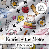 Cute Kawaii School Supplies Cat Books Grey Background Seamless Pattern Digital Print Fabric by the Metre UK Sewing Quilting Textile