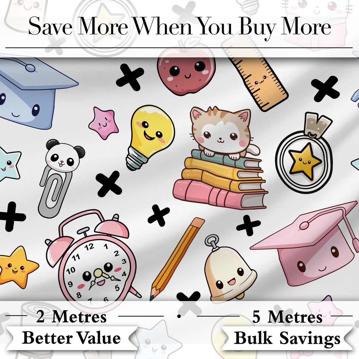 Cute Kawaii School Supplies Cat Books Grey Background Seamless Pattern Digital Print Fabric by the Metre UK Sewing Quilting Textile