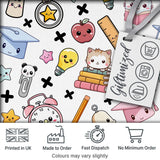 Cute Kawaii School Supplies Cat Books Grey Background Seamless Pattern Digital Print Fabric by the Metre UK Sewing Quilting Textile