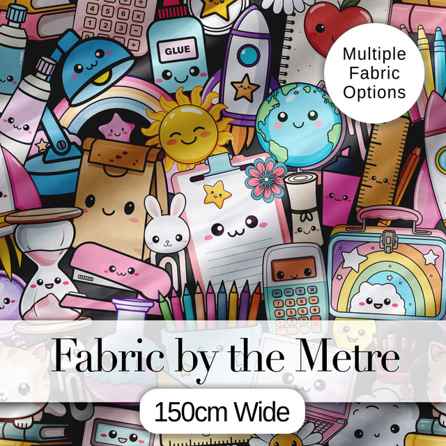 Cute Kawaii Busy School Supplies Desk Cartoon Seamless Pattern Digital Print Fabric by the Metre UK Sewing Quilting Textile