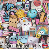Cute Kawaii Busy School Supplies Desk Cartoon Seamless Pattern Digital Print Fabric by the Metre UK Sewing Quilting Textile