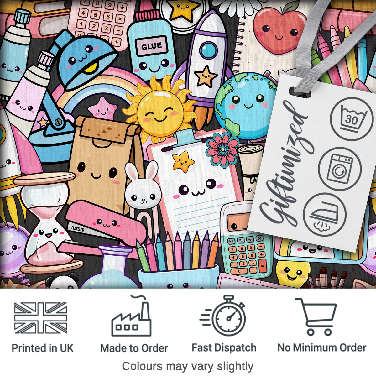 Cute Kawaii Busy School Supplies Desk Cartoon Seamless Pattern Digital Print Fabric by the Metre UK Sewing Quilting Textile