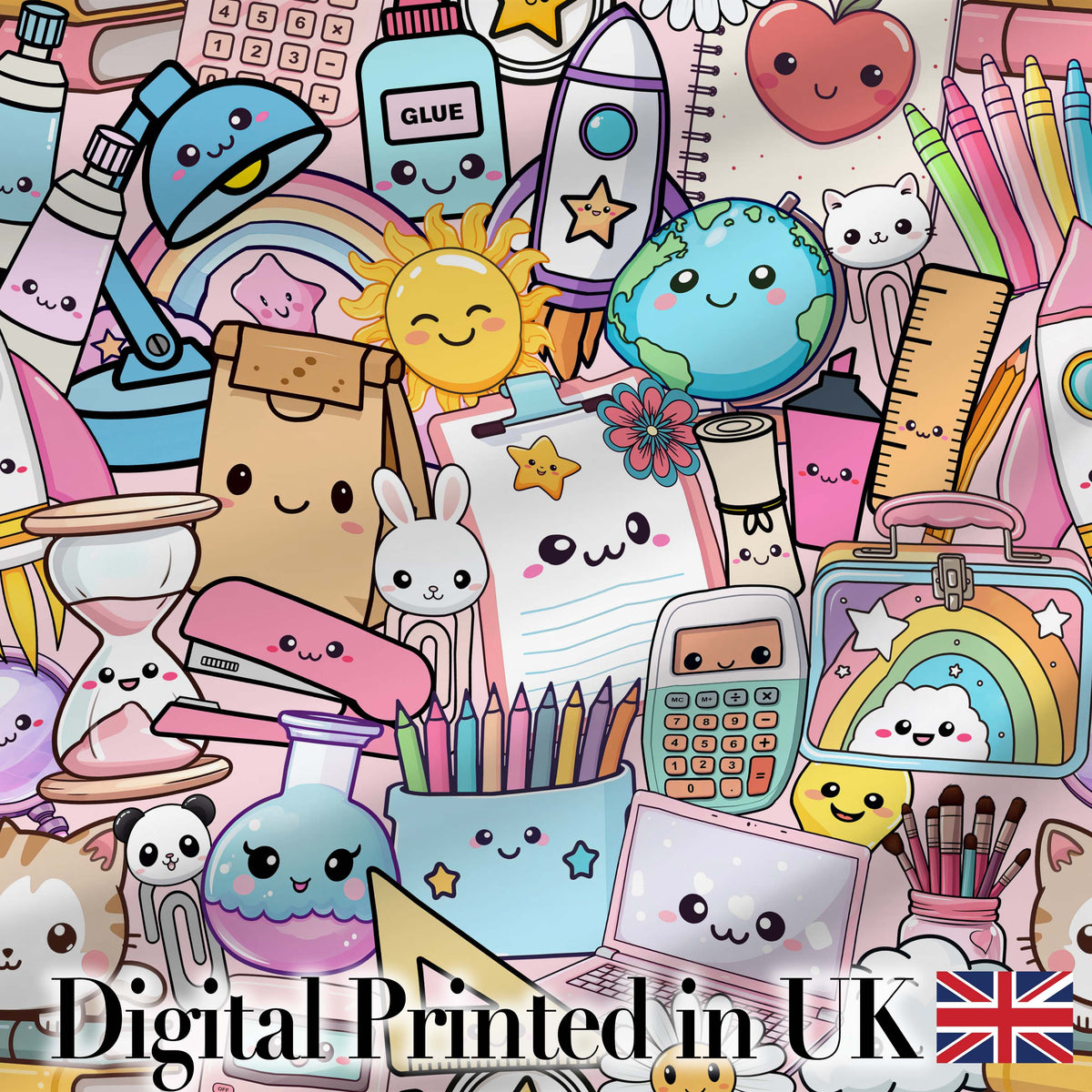 Cute Kawaii Busy School Supplies Desk Pink Background Seamless Pattern Digital Print Fabric by the Metre UK Sewing Quilting Textile