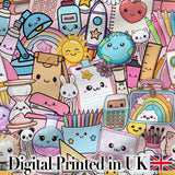 Cute Kawaii Busy School Supplies Desk Pink Background Seamless Pattern Digital Print Fabric by the Metre UK Sewing Quilting Textile