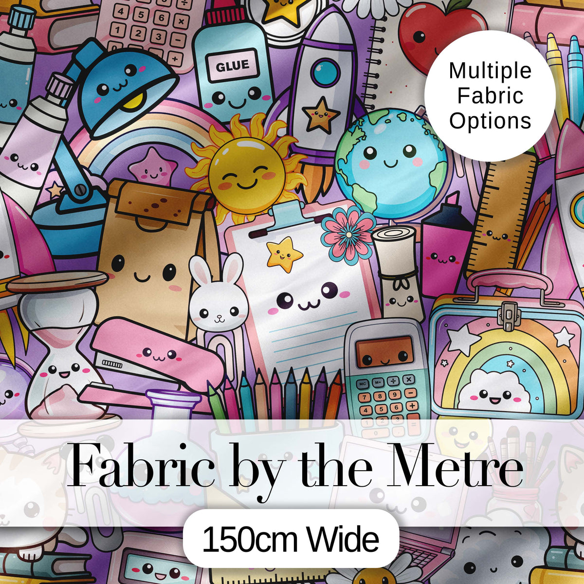 Cute Kawaii Busy School Supplies Desk Purple Background Seamless Pattern Digital Print Fabric by the Metre UK Sewing Quilting Textile