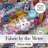 Cute Kawaii Busy School Supplies Desk Purple Background Seamless Pattern Digital Print Fabric by the Metre UK Sewing Quilting Textile