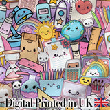 Cute Kawaii Busy School Supplies Desk Purple Background Seamless Pattern Digital Print Fabric by the Metre UK Sewing Quilting Textile