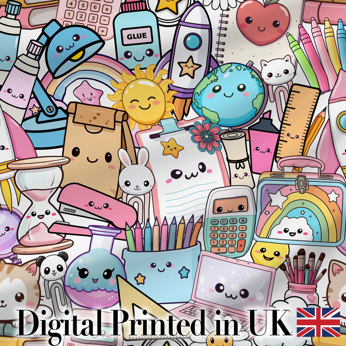 Cute Kawaii Busy School Supplies Desk Grey Background Seamless Pattern Digital Print Fabric by the Metre UK Sewing Quilting Textile