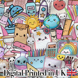 Cute Kawaii Busy School Supplies Desk Grey Background Seamless Pattern Digital Print Fabric by the Metre UK Sewing Quilting Textile