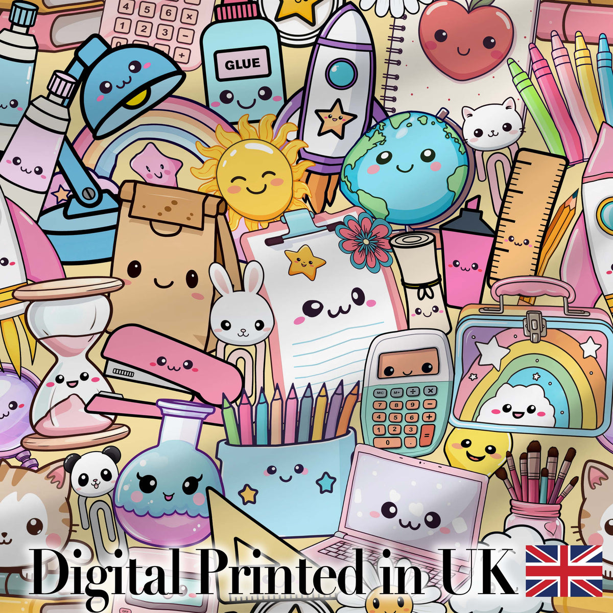 Cute Kawaii Busy School Supplies Desk Yellow Background Seamless Pattern Digital Print Fabric by the Metre UK Sewing Quilting Textile