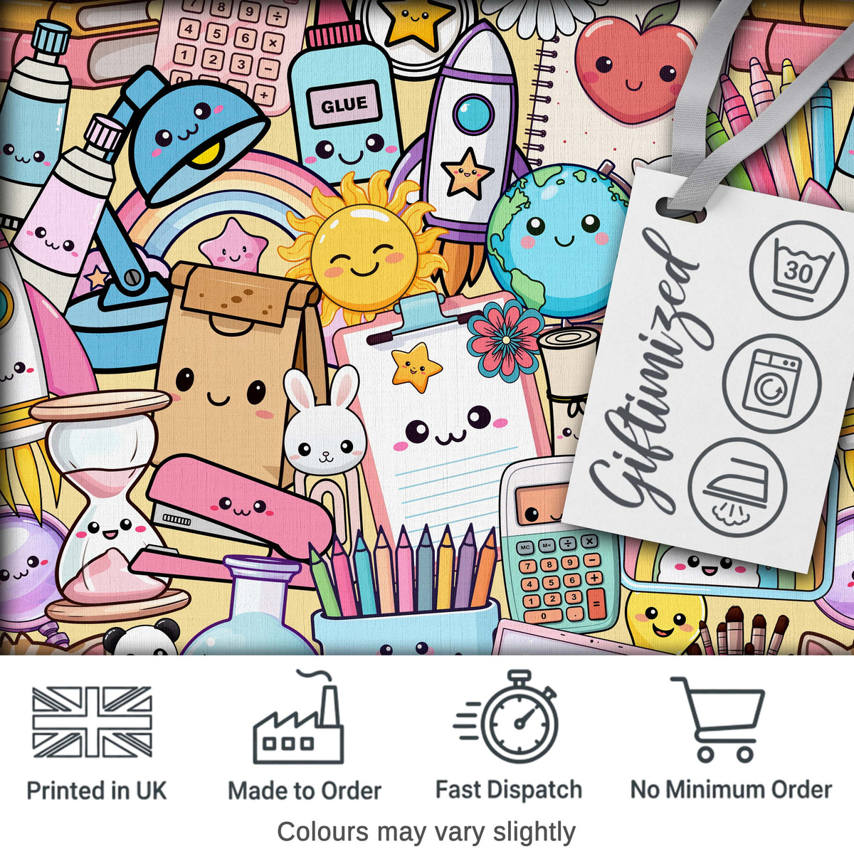 Cute Kawaii Busy School Supplies Desk Yellow Background Seamless Pattern Digital Print Fabric by the Metre UK Sewing Quilting Textile