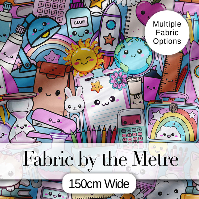 Cute Kawaii School Supplies Desk Rainbow Sun Globe Seamless Pattern Digital Print Fabric by the Metre UK Sewing Quilting Textile