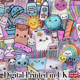 Cute Kawaii School Supplies Desk Rainbow Sun Globe Seamless Pattern Digital Print Fabric by the Metre UK Sewing Quilting Textile