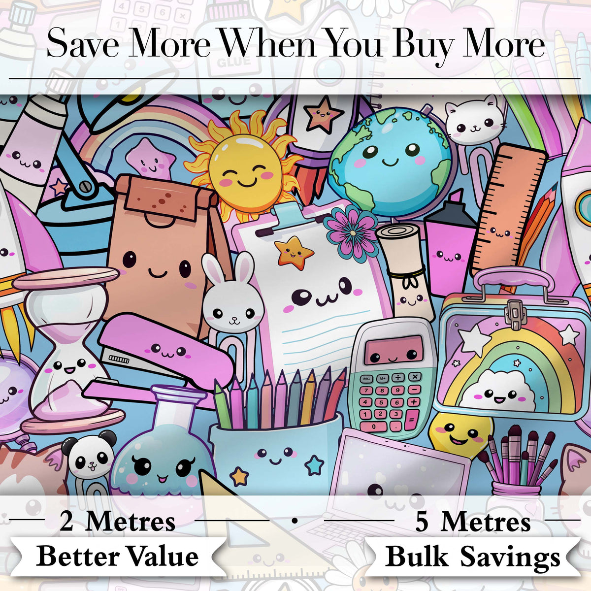 Cute Kawaii School Supplies Desk Rainbow Sun Globe Seamless Pattern Digital Print Fabric by the Metre UK Sewing Quilting Textile