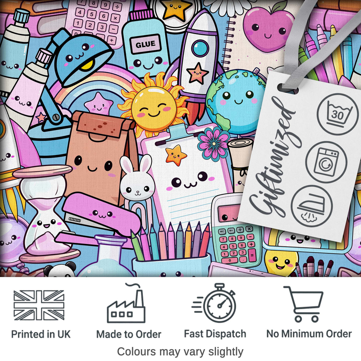 Cute Kawaii School Supplies Desk Rainbow Sun Globe Seamless Pattern Digital Print Fabric by the Metre UK Sewing Quilting Textile