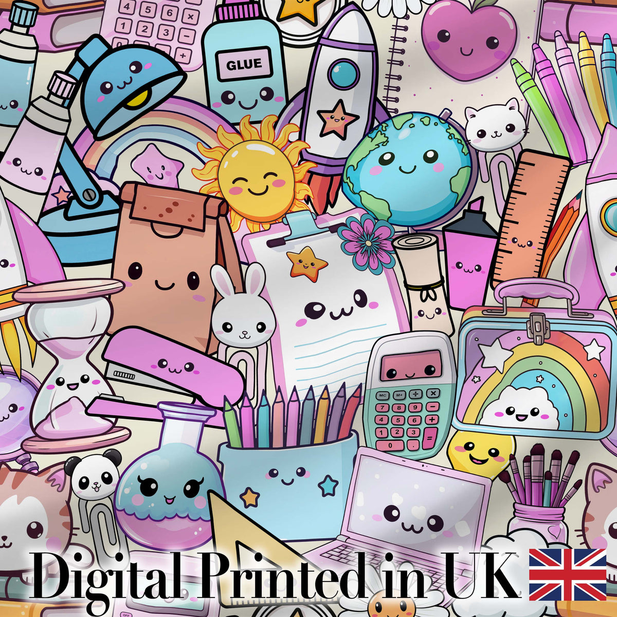 Cute Kawaii School Supplies Desk Rainbow Sun Globe Cream Seamless Pattern Digital Print Fabric by the Metre UK Sewing Quilting Textile