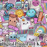 Cute Kawaii School Supplies Desk Rainbow Sun Globe Cream Seamless Pattern Digital Print Fabric by the Metre UK Sewing Quilting Textile