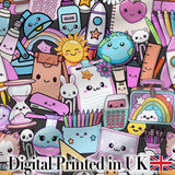 Cute Kawaii School Supplies Desk Rainbow Sun Globe Dark Seamless Pattern Digital Print Fabric by the Metre UK Sewing Quilting Textile