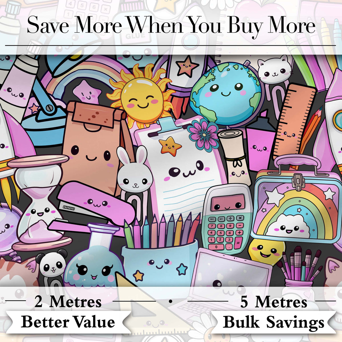 Cute Kawaii School Supplies Desk Rainbow Sun Globe Dark Seamless Pattern Digital Print Fabric by the Metre UK Sewing Quilting Textile